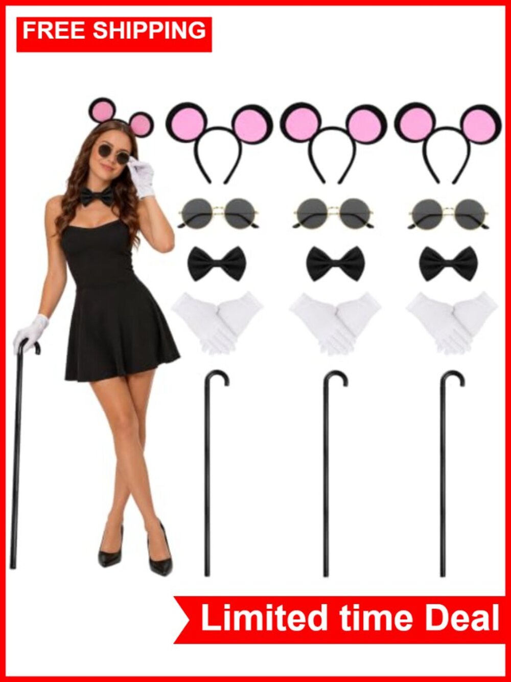 Mouse Costume Set 15pc Ears Headbands Gloves Bow Ties Glasses Canes